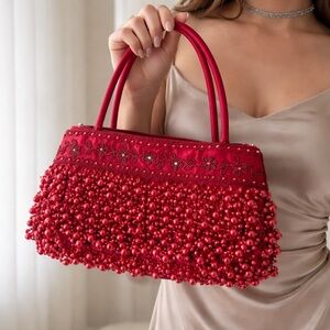 Vintage Red Beaded Evening Bag | Beaded Fringe Statement Purse